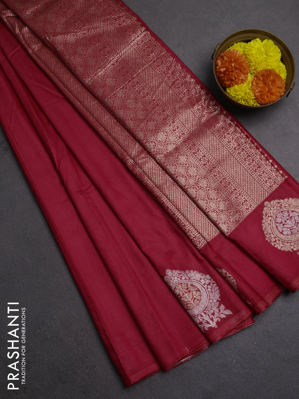 Semi chanderi saree red with plain body and zari woven butta border