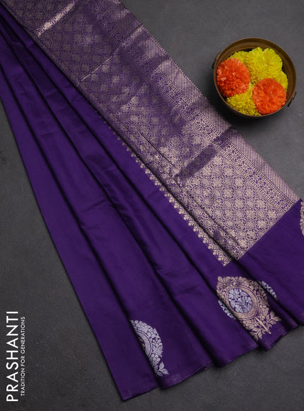 Semi chanderi saree violet with plain body and zari woven butta border