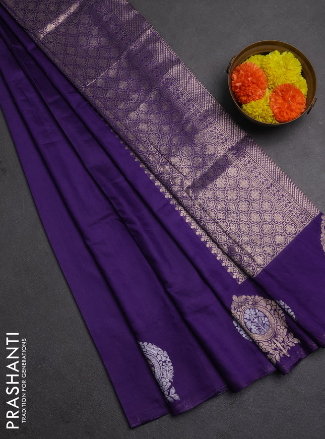 Semi chanderi saree violet with plain body and zari woven butta border