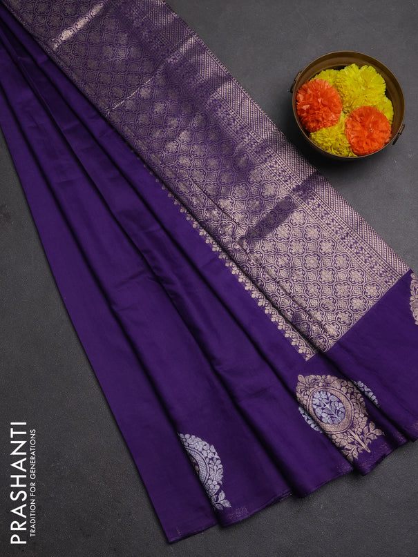Semi chanderi saree violet with plain body and zari woven butta border