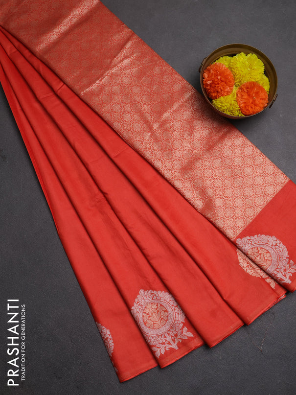 Semi chanderi saree orange with plain body and zari woven butta border