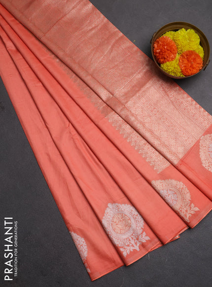 Semi chanderi saree orange with plain body and zari woven butta border