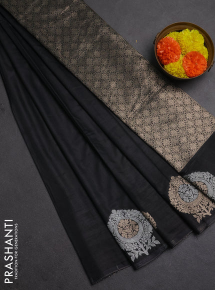 Semi chanderi saree black with plain body and zari woven butta border