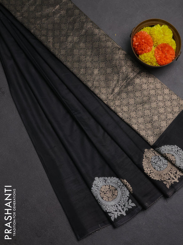 Semi chanderi saree black with plain body and zari woven butta border