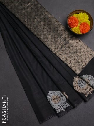 Semi chanderi saree black with plain body and zari woven butta border