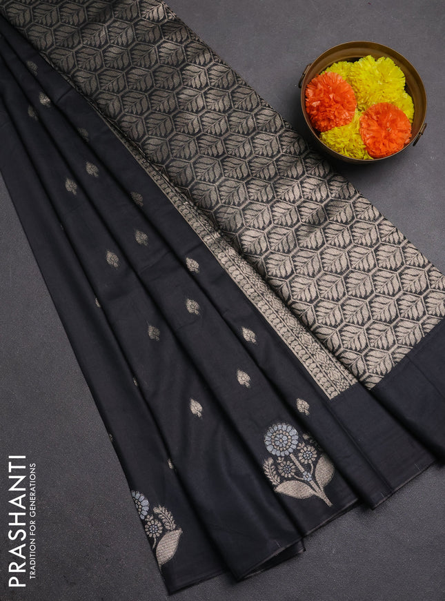 Semi chanderi saree black with allover zari woven buttas and zari woven butta border