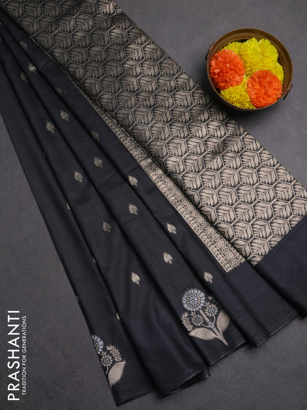 Semi chanderi saree black with allover zari woven buttas and zari woven butta border