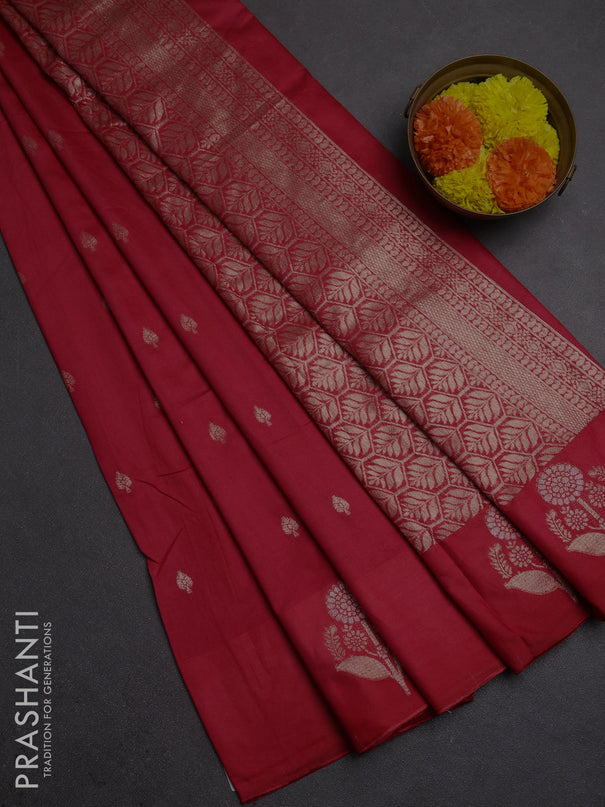 Semi chanderi saree red with allover zari woven buttas and zari woven butta border