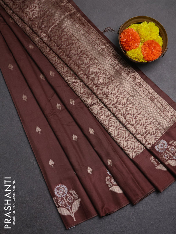 Semi chanderi saree brown with allover zari woven buttas and zari woven butta border