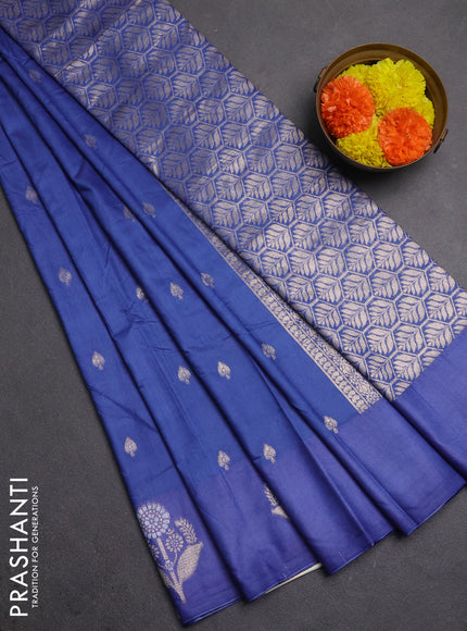 Semi chanderi saree blue shade with allover zari woven buttas and zari woven butta border