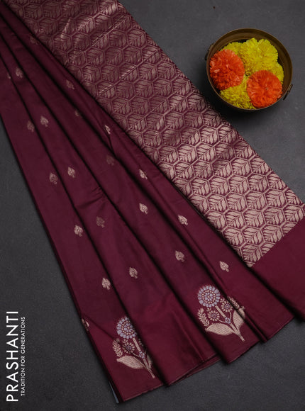 Semi chanderi saree wine shade with allover zari woven buttas and zari woven butta border