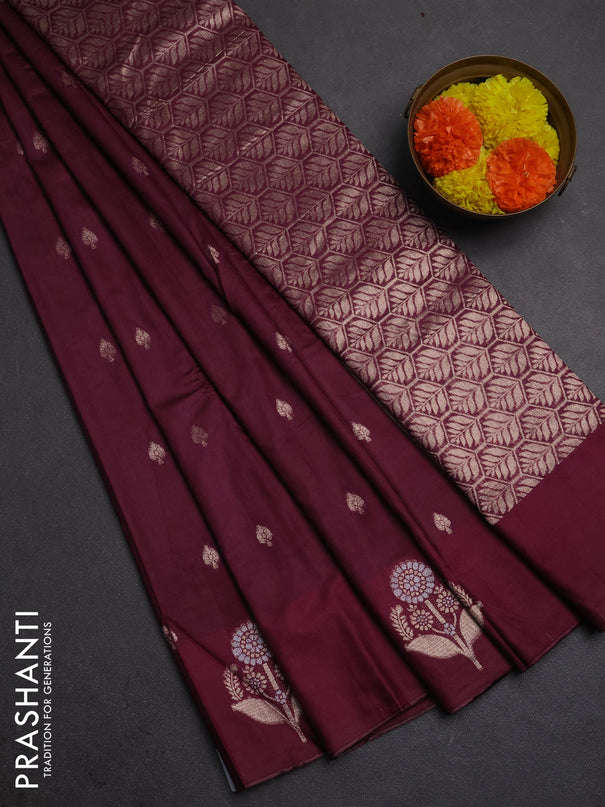 Semi chanderi saree wine shade with allover zari woven buttas and zari woven butta border