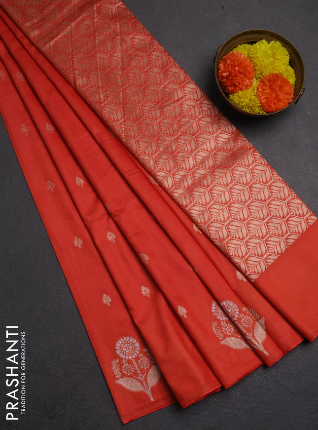 Semi chanderi saree orange with allover zari woven buttas and zari woven butta border