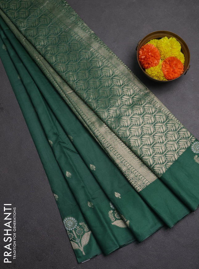 Semi chanderi saree green with allover zari woven buttas and zari woven butta border