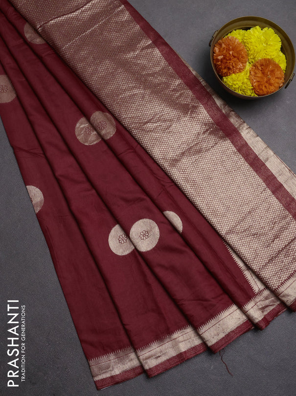 Semi chanderi saree maroon with zari woven buttas and zari woven border