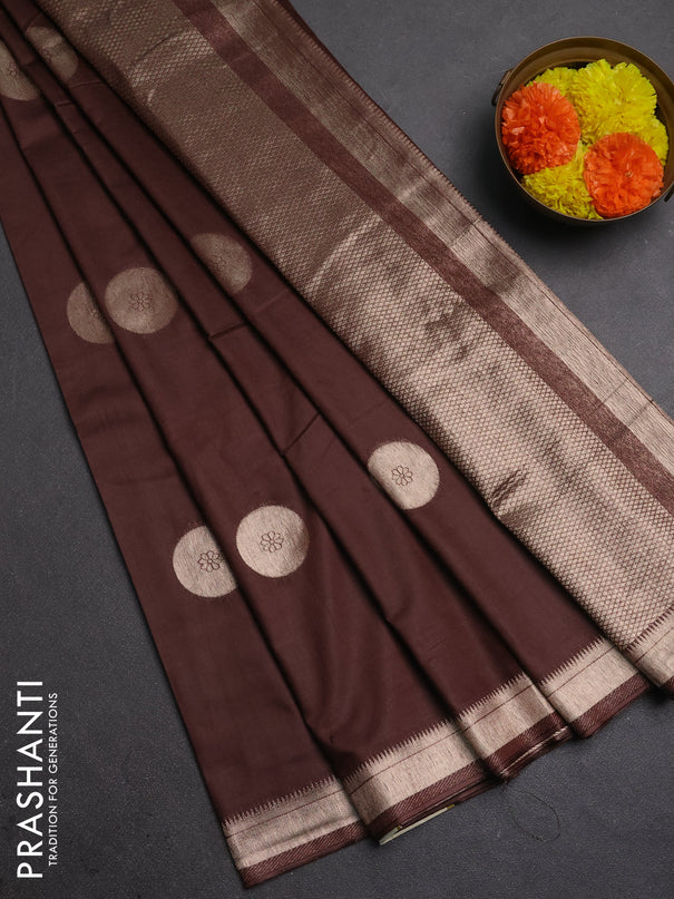 Semi chanderi saree brown with zari woven buttas and zari woven border