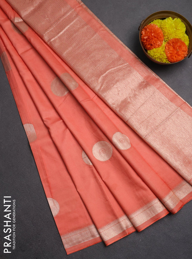 Semi chanderi saree orange with zari woven buttas and zari woven border