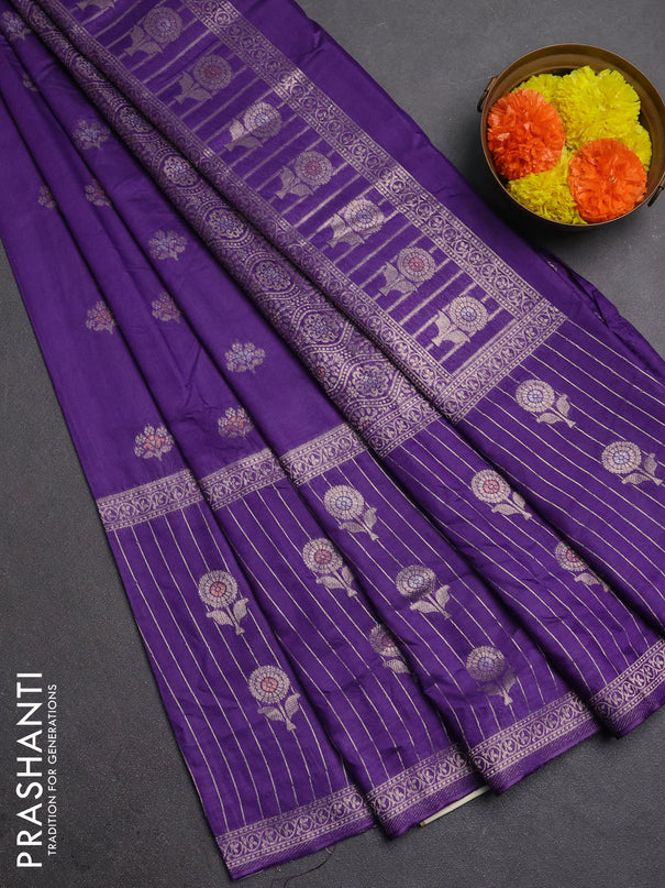 Semi chanderi saree violet with zari woven buttas and long zari woven border