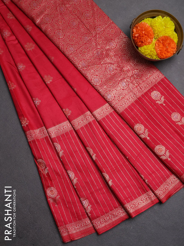 Semi chanderi saree maroon with zari woven buttas and long zari woven border