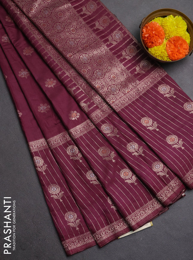 Semi chanderi saree wine shade with zari woven buttas and long zari woven border