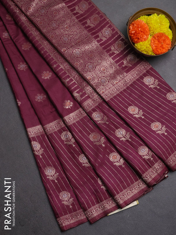 Semi chanderi saree wine shade with zari woven buttas and long zari woven border