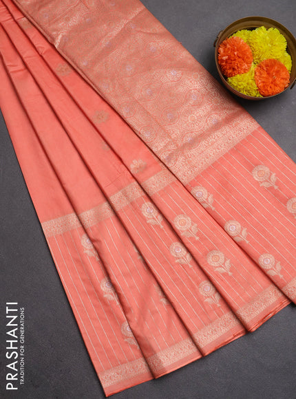 Semi chanderi saree orange with zari woven buttas and long zari woven border