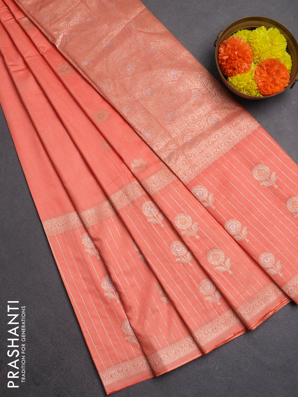 Semi chanderi saree orange with zari woven buttas and long zari woven border