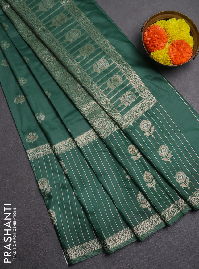 Semi chanderi saree green with zari woven buttas and long zari woven border