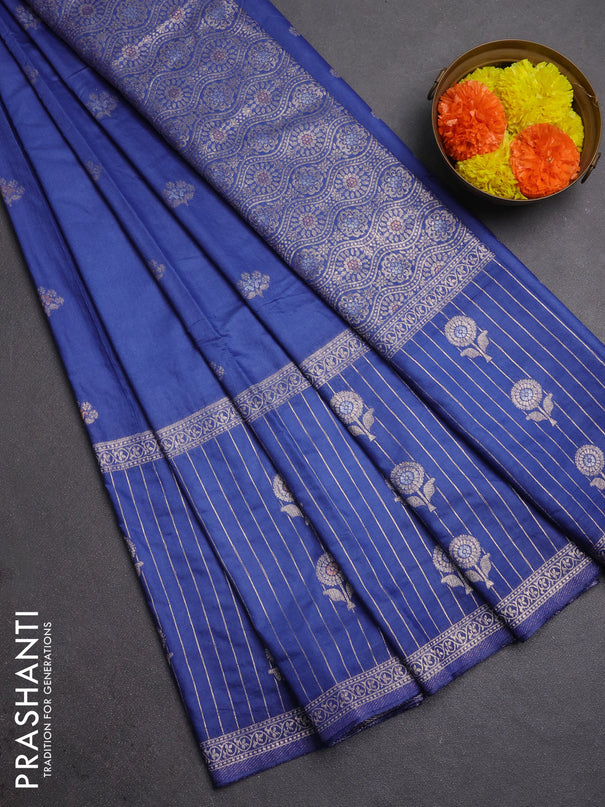 Semi chanderi saree blue shade with zari woven buttas and long zari woven border