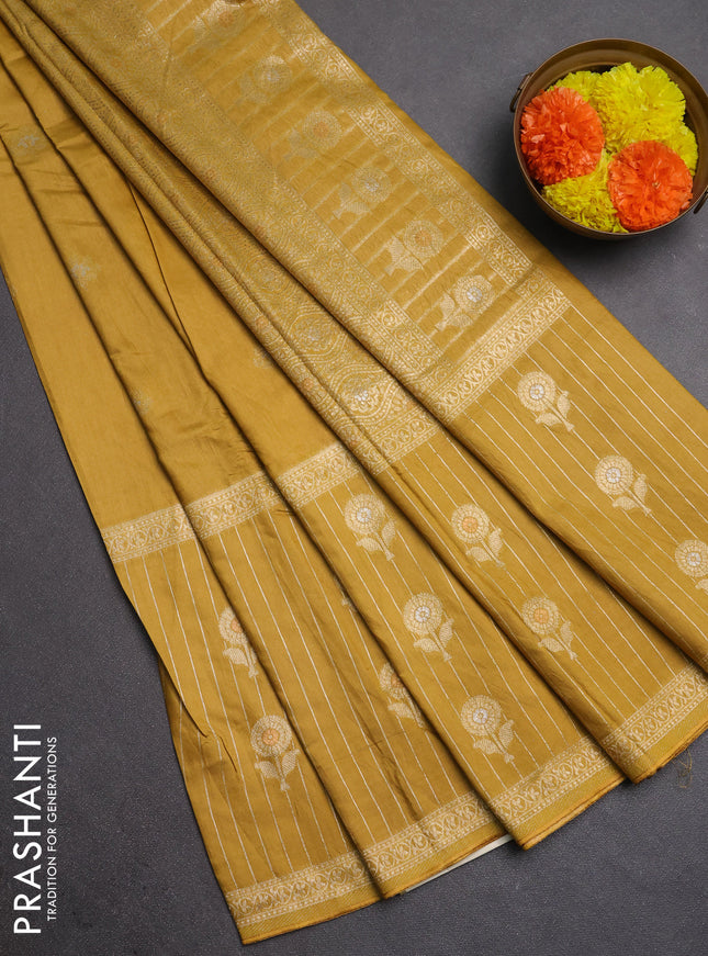 Semi chanderi saree mustard yellow with zari woven buttas and long zari woven border