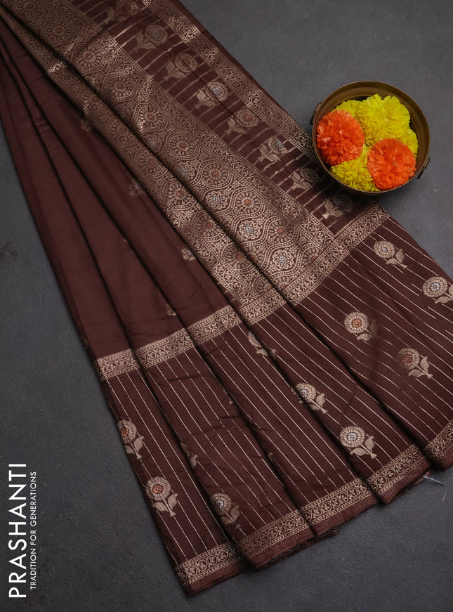 Semi chanderi saree brown with zari woven buttas and long zari woven border