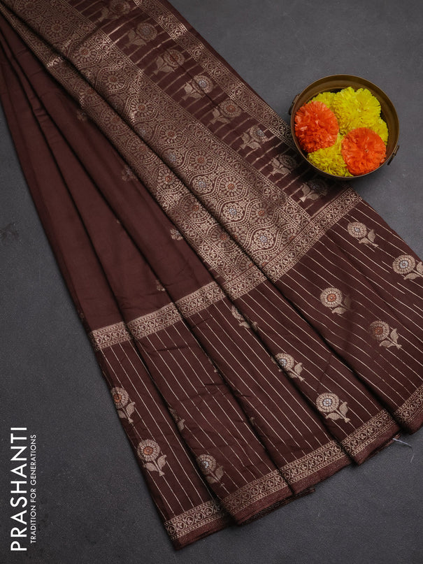 Semi chanderi saree brown with zari woven buttas and long zari woven border