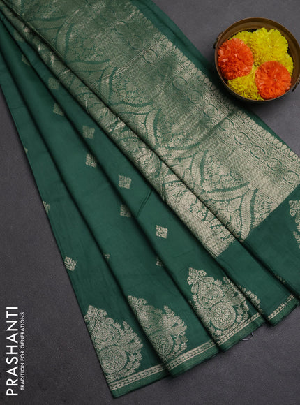 Semi chanderi saree green shade with zari woven buttas and zari woven butta border