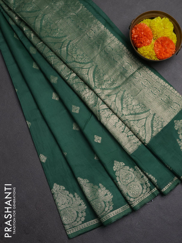 Semi chanderi saree green shade with zari woven buttas and zari woven butta border