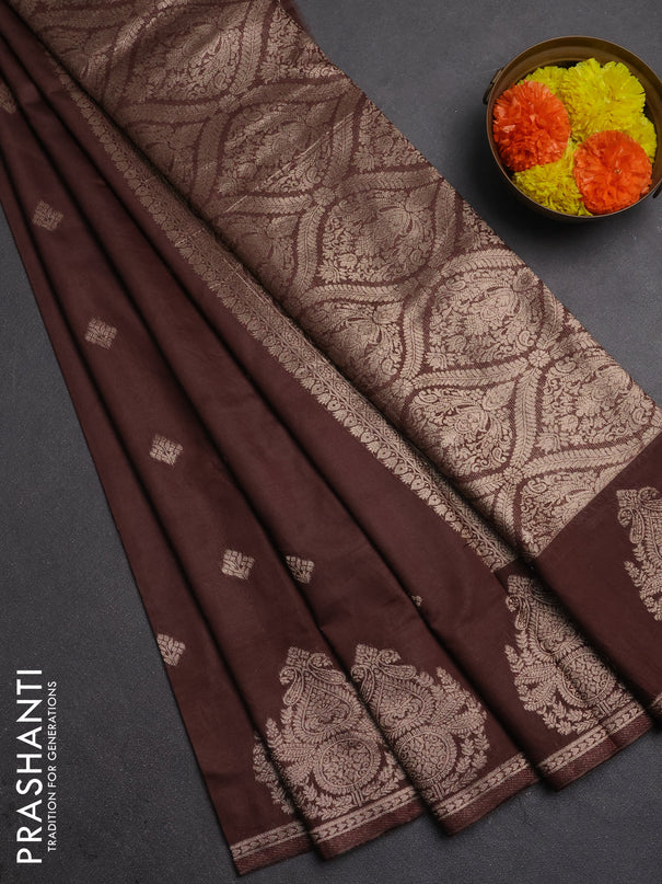 Semi chanderi saree brown with zari woven buttas and zari woven butta border