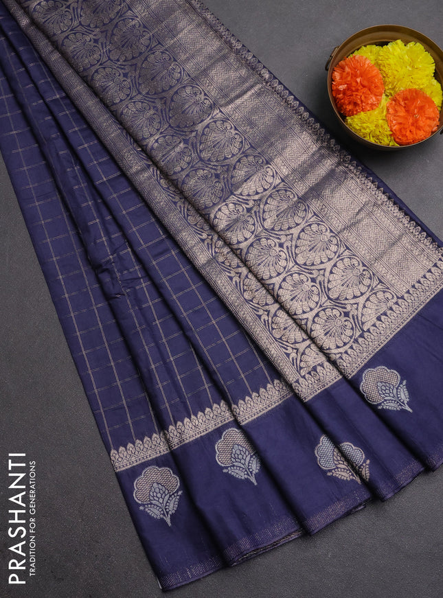 Semi chanderi saree navy blue with allover zari checked pattern and zari woven butta border