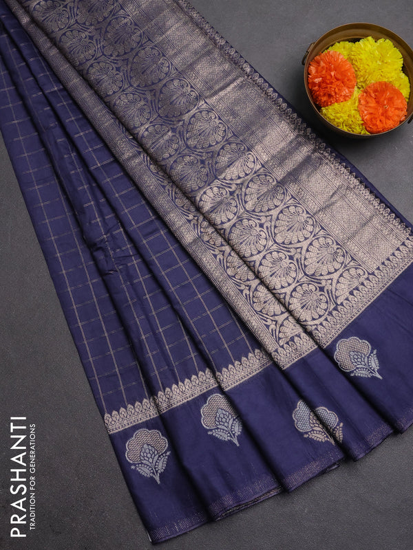 Semi chanderi saree navy blue with allover zari checked pattern and zari woven butta border