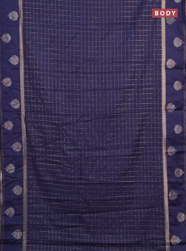 Semi chanderi saree navy blue with allover zari checked pattern and zari woven butta border