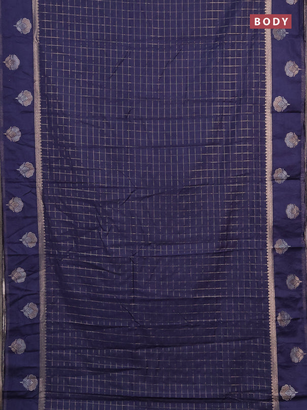 Semi chanderi saree navy blue with allover zari checked pattern and zari woven butta border
