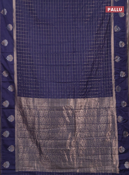 Semi chanderi saree navy blue with allover zari checked pattern and zari woven butta border