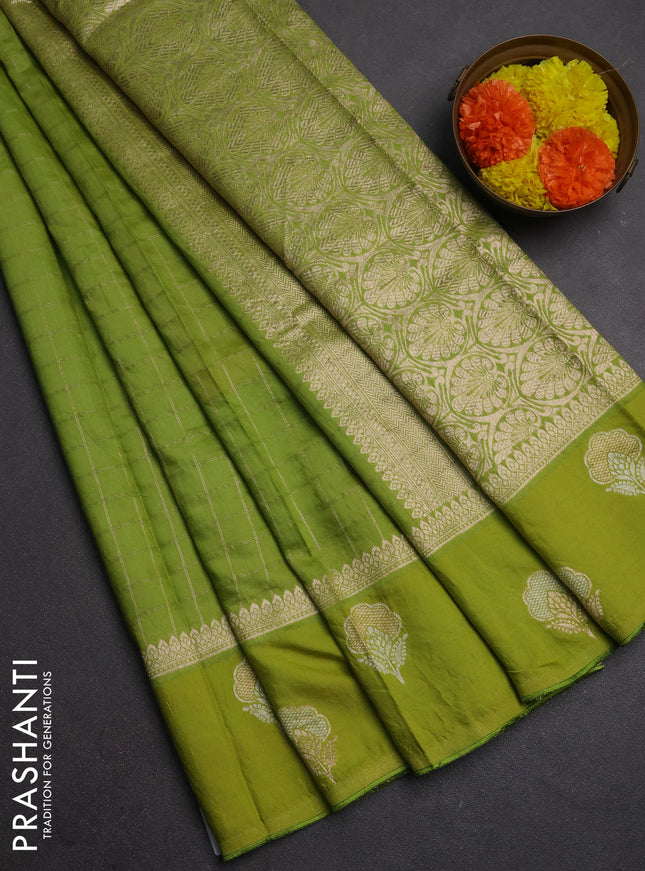 Semi chanderi saree light green with allover zari checked pattern and zari woven butta border