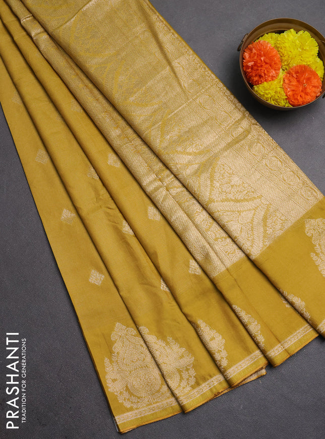 Semi chanderi saree mustard green with allover zari weaves & buttas and zari woven butta border