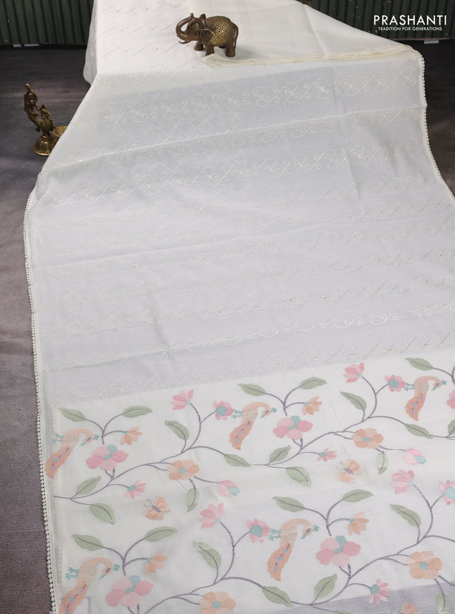 Mul chanderi saree cream with allover embroidery work and floral embroidery pallu
