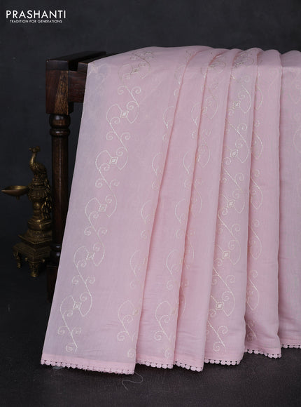 Mul chanderi saree baby pink with allover embroidery work and floral embroidery pallu