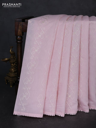 Mul chanderi saree baby pink with allover embroidery work and floral embroidery pallu