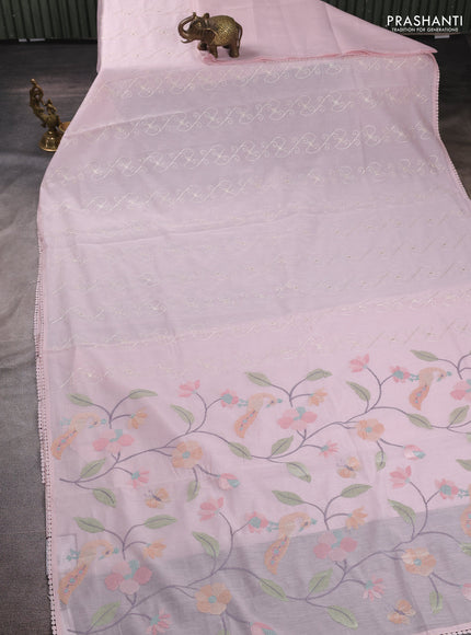 Mul chanderi saree baby pink with allover embroidery work and floral embroidery pallu