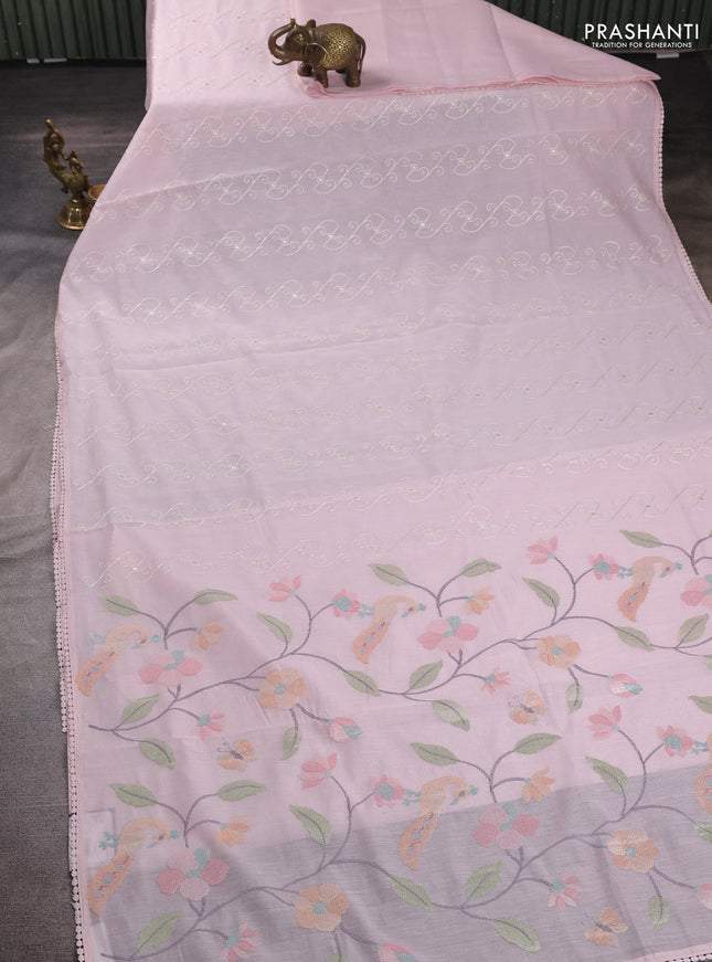 Mul chanderi saree baby pink with allover embroidery work and floral embroidery pallu