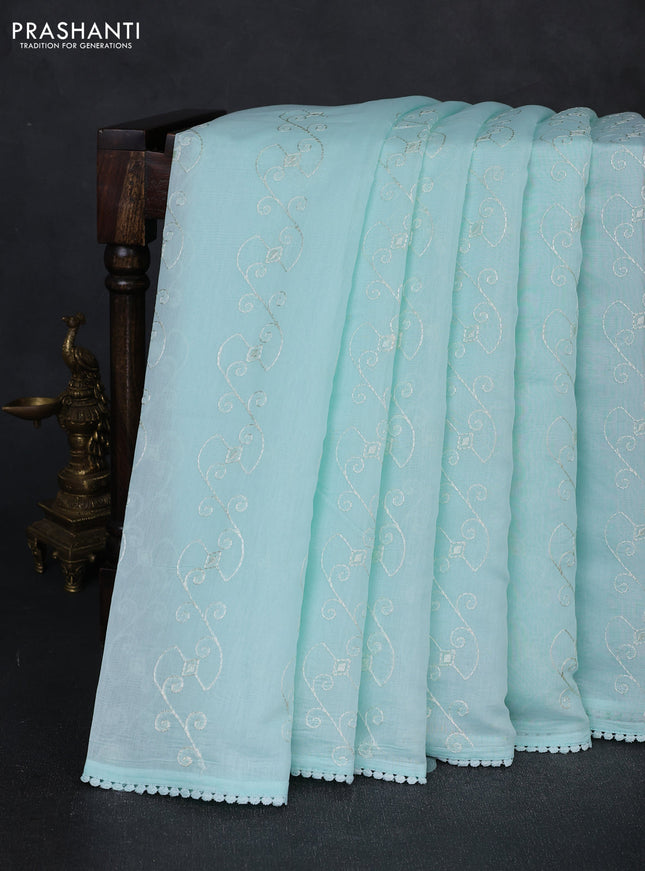 Mul chanderi saree teal blue with allover embroidery work and floral embroidery pallu