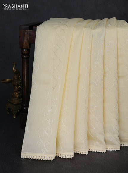 Mul chanderi saree pale yellow with allover embroidery work and floral embroidery pallu