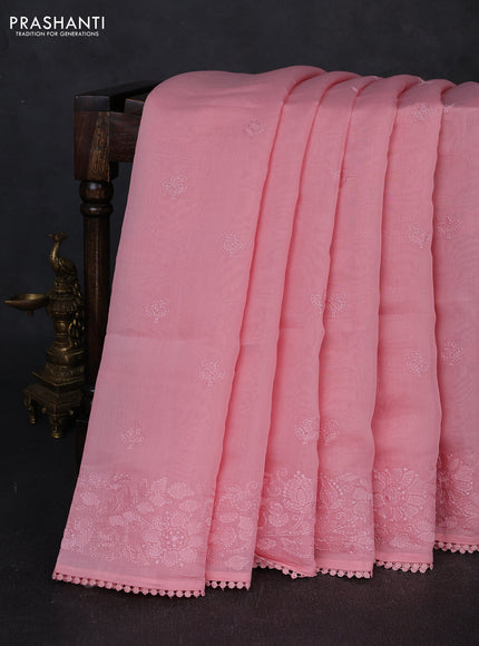 Mul chanderi saree peach pink with embroidery buttas and embroidery pallu